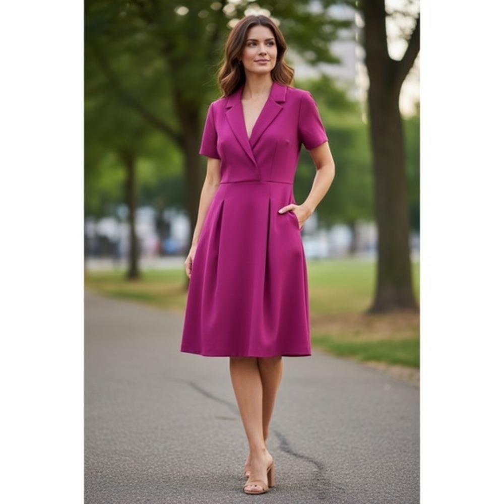 Belle Badgley Mischka Magenta Pink Notched Lapel Fit Flare Dress Size 10